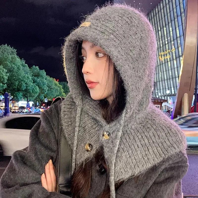 Women's Autumn Winter New Knit Hat With Scarf Collar Warm and Stylish Polar Fleece Beanie Hat For Outdoor Activities