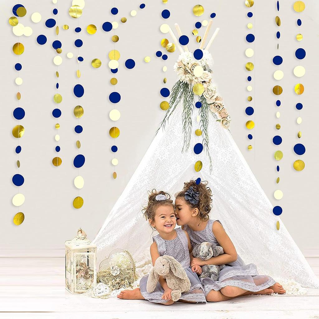 46 Ft Navy Blue and Gold Circle Dots Garland Royal Blue Hanging Paper Polka Dot Streamer for Birthday Wedding Bridal Baby Shower Graduations Nautical