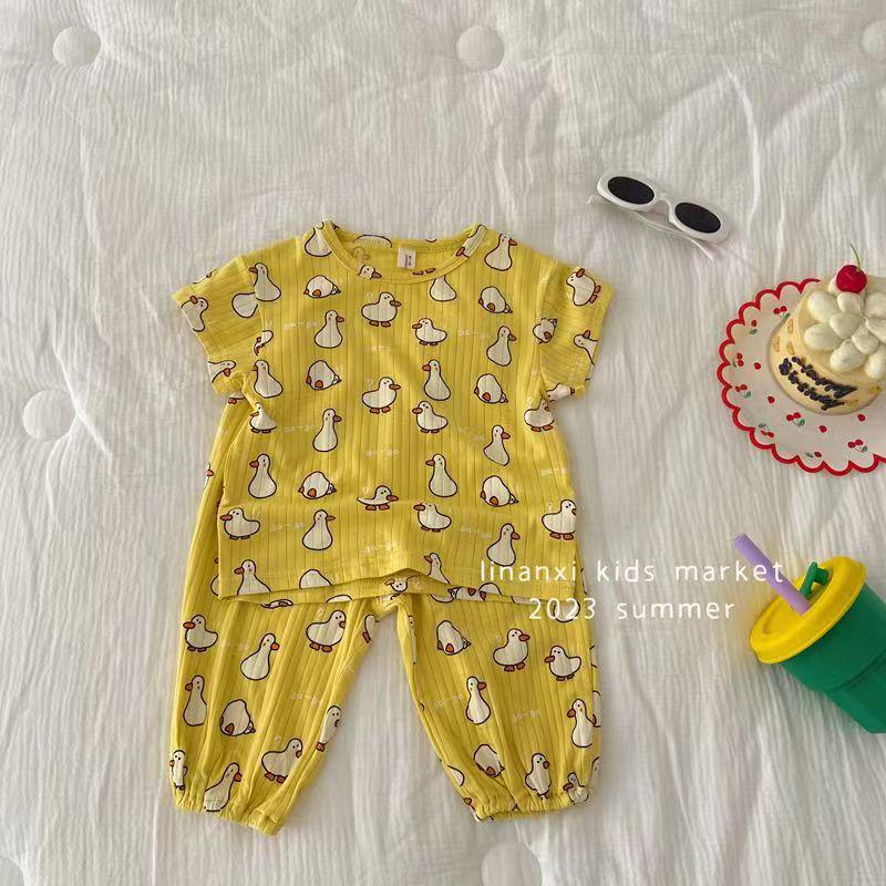 

Летний пижамный комплект для девочек с коротким рукавом 2023 - Корейский стиль, Мягкий, Дышащий костюм-двойка. 140cm