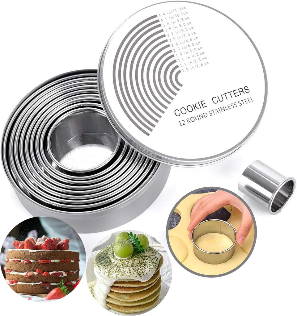 12Pcs Round Cookie Cutter Set Food-Grade 18/8 Stainless Steel Graduated Pastry Donut Molds for Baking DIY Kitchen