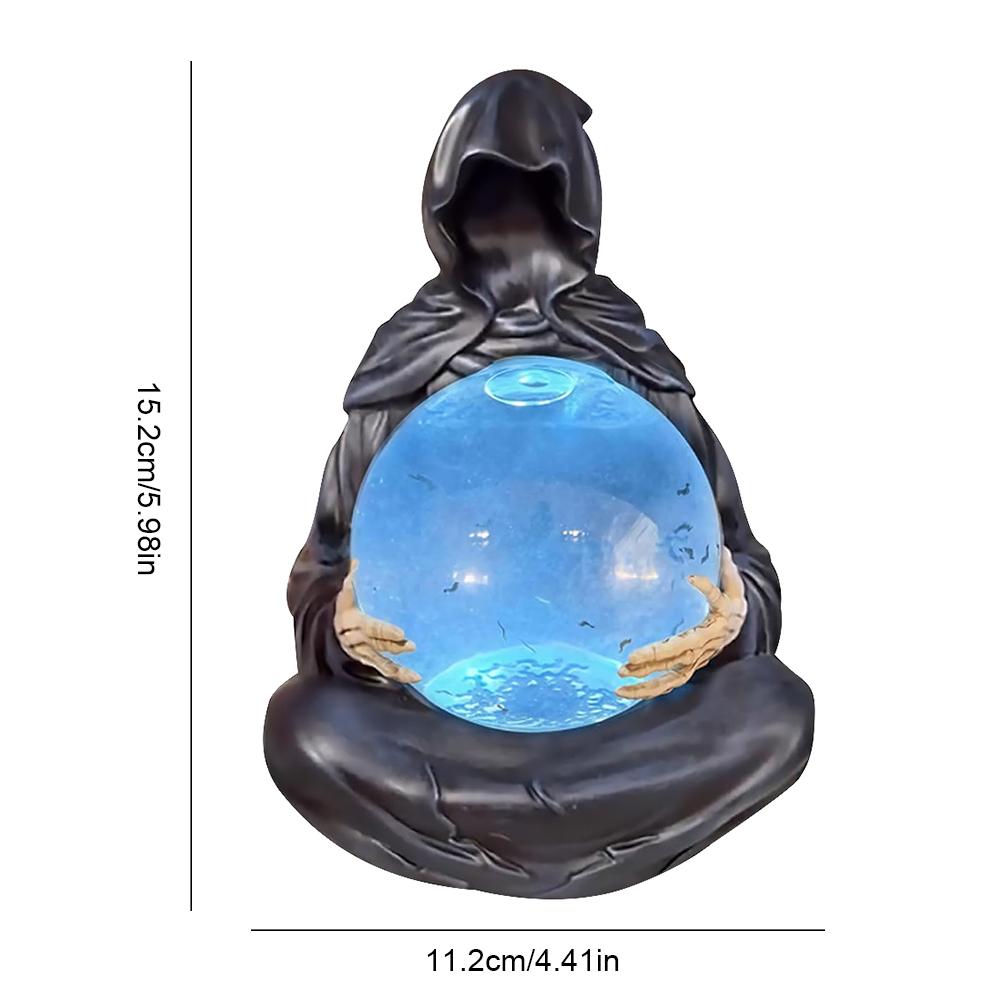 Grim Reaper Figurine with Light Up Ball Crystals Glowing Balls with Floating Bat The Death God's Crystal Balls for Halloween