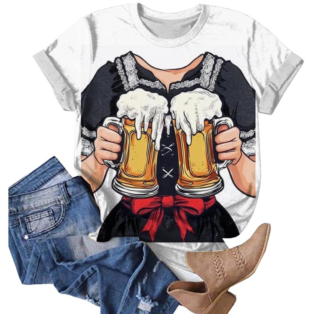 Women's Casual Pullover T-Shirt Oktoberfest Print Short Sleeve Crew Neck Top Lightweight Summer Tee