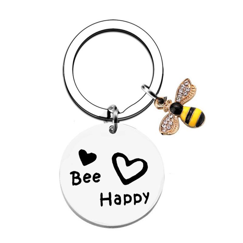 Stainless Steel "Bee Happy" Engraved Keychain Gift Accessory