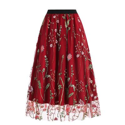 Vintage Mesh Flower Embroidered Skirt Elegant Sweet A-line Skirt for Spring Summer