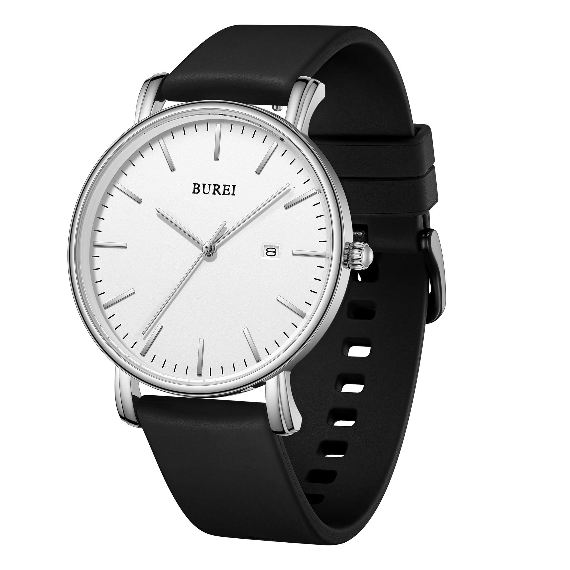 Мужские часы BUREAUI, Простые аналоговые, Водонепроницаемые, Кварцевый механизм, Отображение даты, Легкие, Стильные, Для бизнеса, Популярный бренд, Черный силиконовый ремешок