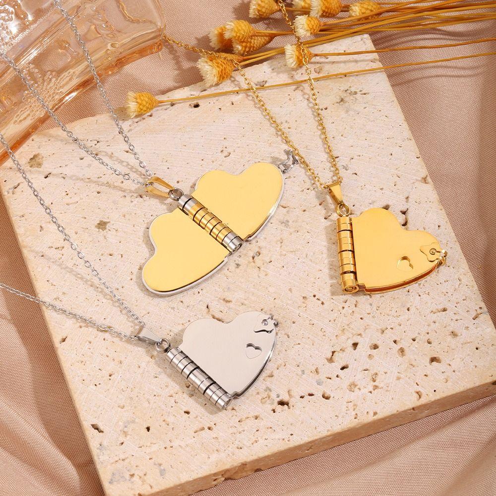 Titanium Steel Couple Necklace Heart Books Pendant Sweater Chain Trendy Lovers Choker Women Men