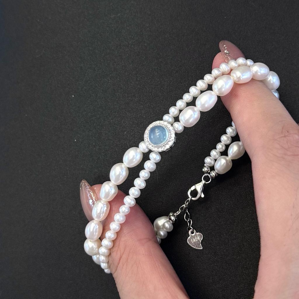 S925 Sterling Silver Aquamarine Natural Freshwater Pearl Bracelet Women's Fashion High Sense Beaded Temperament Hand Jewelry Stacked Wear 2026