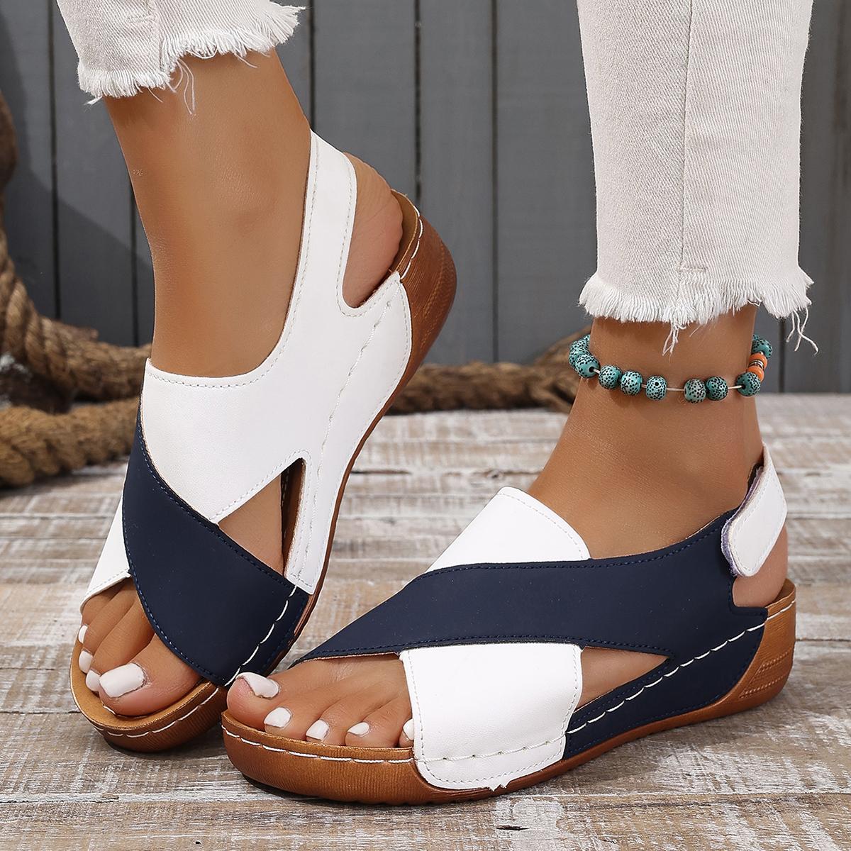 

Mix Color Wedge Sandals for Women Summer Comfortable Non Slip Beach Shoes Woman PU Leather Platform Roman Sandalias Mujer 43 синий