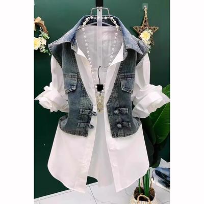 Y2K Vintage Patchwork Hemdjacken Denim Kragen Mantel Damen Fake Zweiteiler Set Lässig Süß Damen Gestreifte Bluse