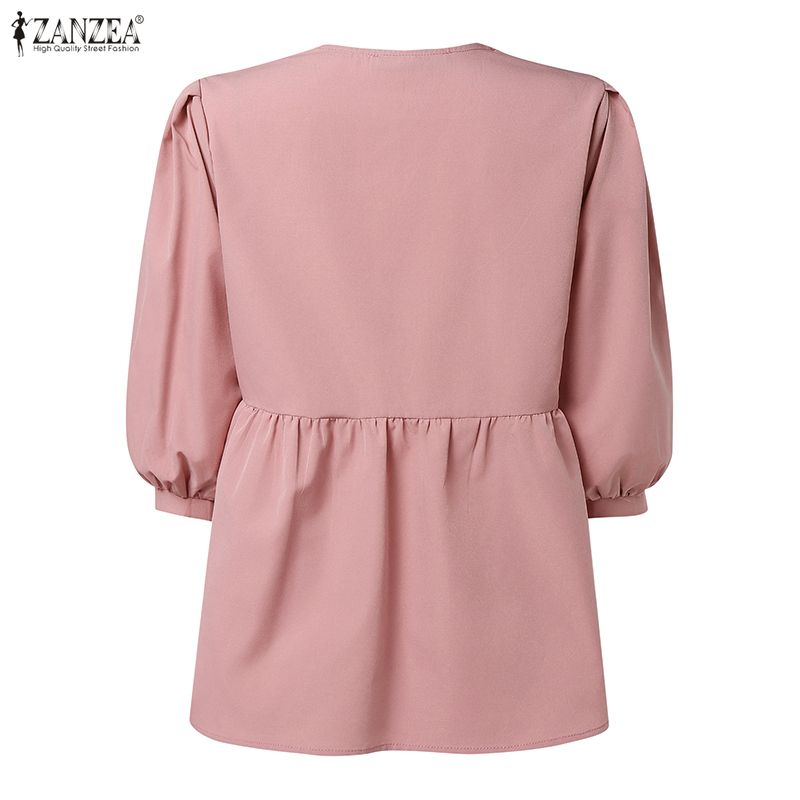 ZANZEA חולצת נשים קז'ואלית עם צווארון וי בצבע אחיד ושרוולי 3/4