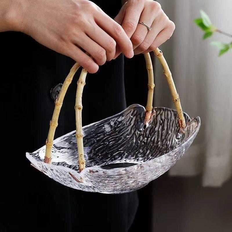 Nordic Style Rattan Glass Fruit Basket Snack Plate Retro Living Room Storage Candy Box Light Luxury Tea Table Handheld Fruit Plate
