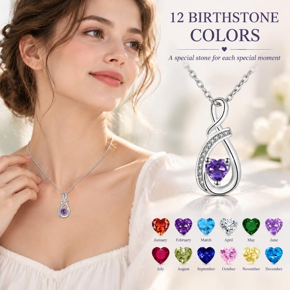 Zircon Inlay Heart Birthstone Necklace Infinity Heart Motif Zircon Pendant Necklace Daily Wear