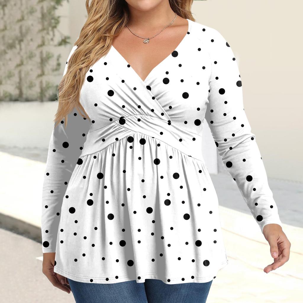 Women's Plus Size Shirt Long Sleeve  Print Top Pleated Casual V-Neck Top