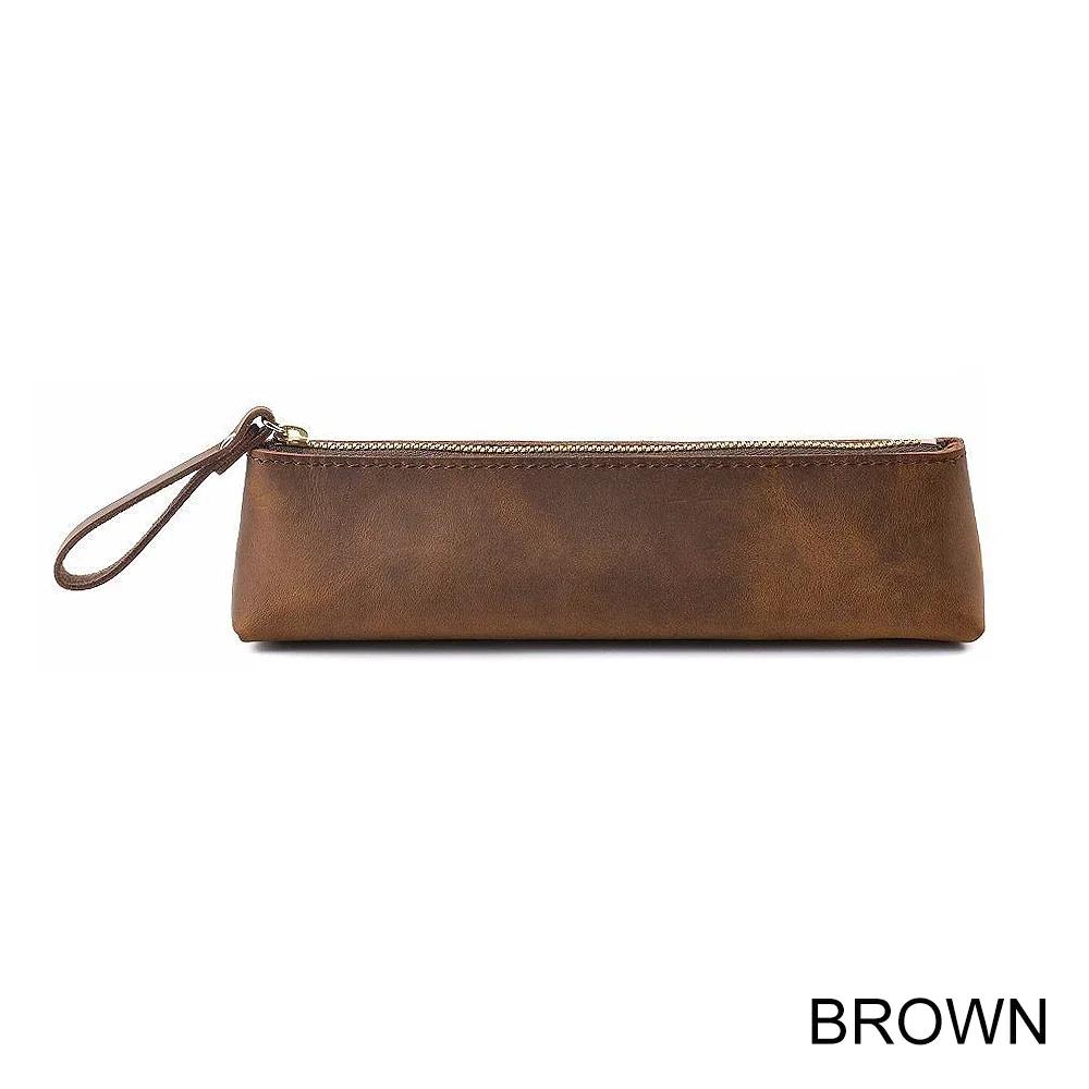 Genuine Leather Zipper Pen Case Pencil Bag Large Capacity Vintage Crazy Horse Leather Handmade Creative School Stationary