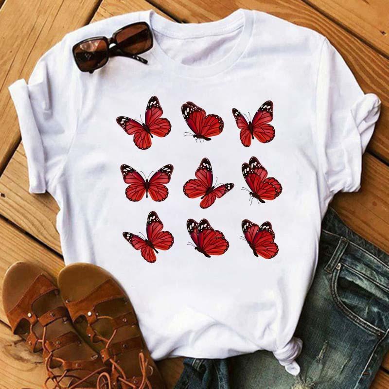 Summer Butterfly Print Plus Size Loose Round Neck Pure Cotton Short Sleeved Top T-Shirts Women’s Tees