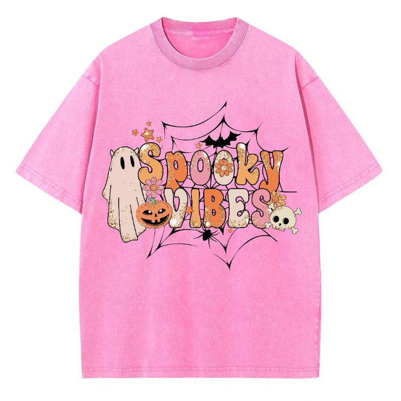 SPOOKY VIBES Monogram Print Halloween Women's T-Shirt Summer Unisex Wash Cotton Short Sleeve Loose Top American Vintage