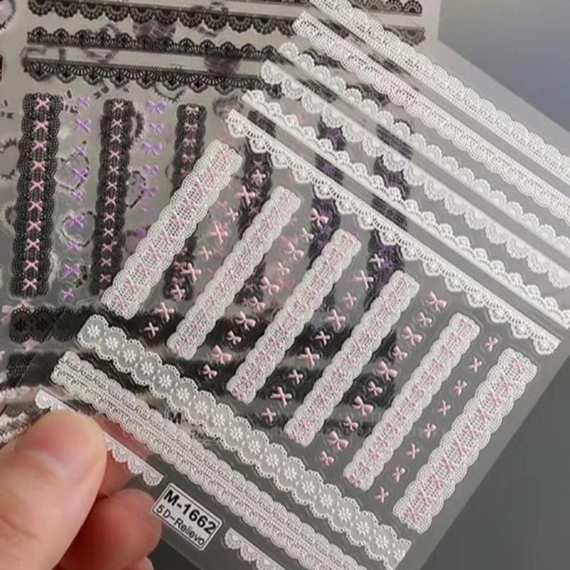 

3 Pcs/set Pink Black Color Kawaii Nail Stickers Lace Bow 3D Checkered Scrapbook Journal Sweet Edgy Design Decal for Girl белый