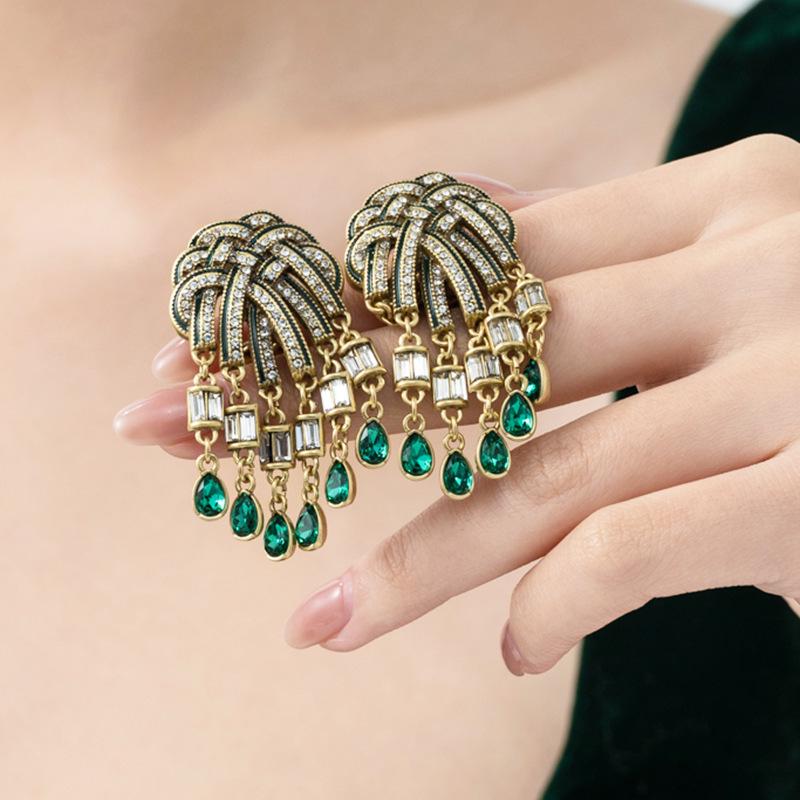 

Retro European Dark Green Enamel Tassel Earrings with Jade Crystal and Silver Studs