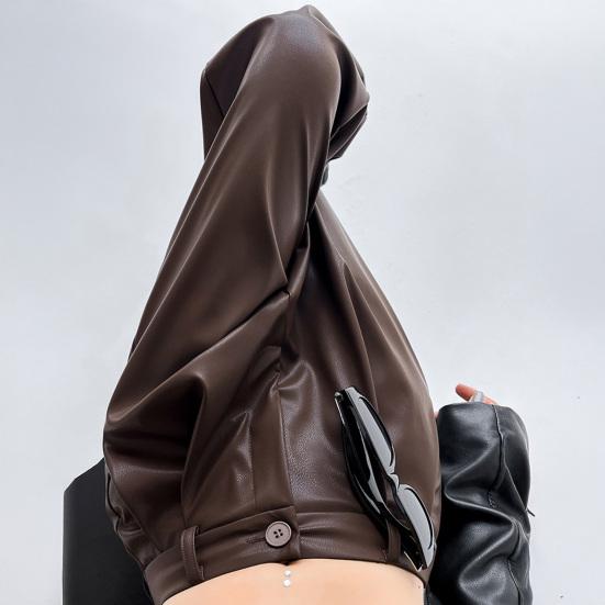 Women Spring Pants High Waist Wide-Leg Imitation Leather Trousers with Pockets Solid