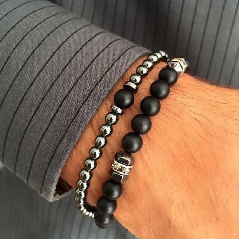 Vintage Schwarzes Mattes Armband Zirkon Krone Diamant Kugel Würfel Löwenkopf Perlenarmband Set