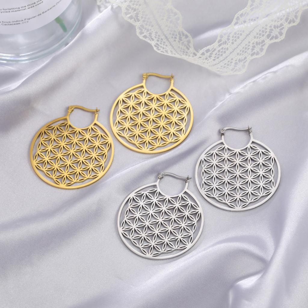 Dawapara Stainless Steel Bohemian Hoop Earrings Filigree Mandala Sacred Geometry Amulet Wiccan Earrings Women Jewelry