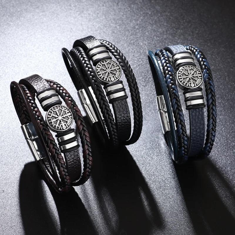 Trendy Norse Viking Men Bracelet Fashion All-match Multi-layer Braided Leather Bracelets Scripture Compass Birthday Party Gifts