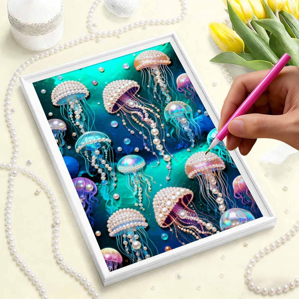 5D DIY Frameless Pearl Painting Jellyfish Pattern Painting Kit, Suitable for Home Living Room Bedroom and Other Wall Decoration Art Paintings