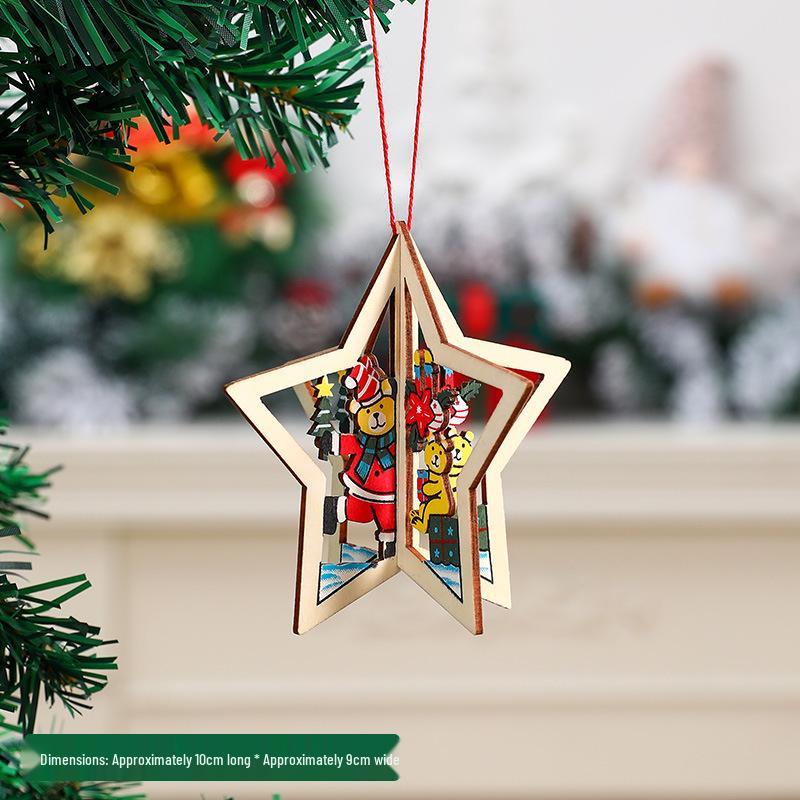 3D Wooden Christmas Tree Ornaments: Bells & Stars Scene Decoration