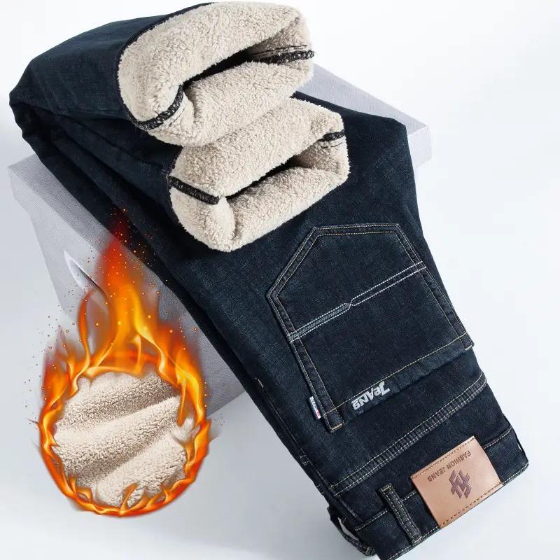 

Зимние теплые флисовые джинсы мужские прямые эластичные толстые повседневные термобелье джинсовые брюки мужские деловые рабочие брюки мужская одежда 40