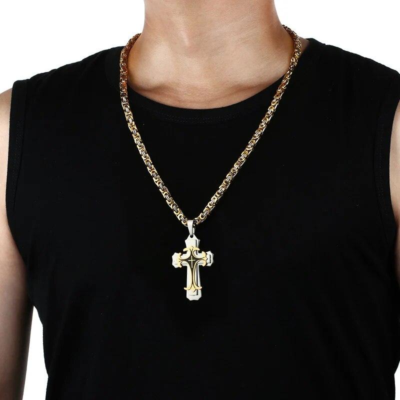 Männliche Vintage christliche Dreifaltigkeits-Halskette mit lateinischem Kreuz, mehrschichtige Halskette mit Kreuzanhänger aus Edelstahl, katholischer Schmuck