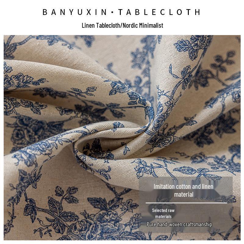 Nordic Style Blue Floral Cotton Linen Tablecloth - Retro Pastoral Design for Dining or Photo Background