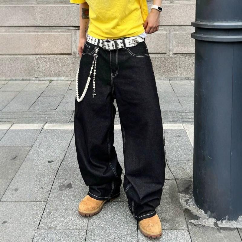 Vintage Washed Wide Leg Straight Jeans Men - High Waist Loose Fit Casual Denim Pants With Embroidered Angel Wing Print