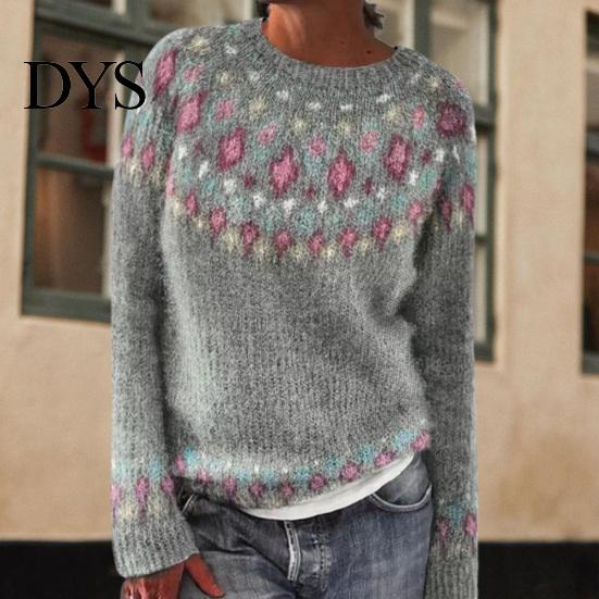 Comfortable Pullover Women Sweater Crew Neck Design Long Sleeve Patchwork Breathable Color Knitting Jumper Loose Fit Casual Knitwear Soft Knit Top