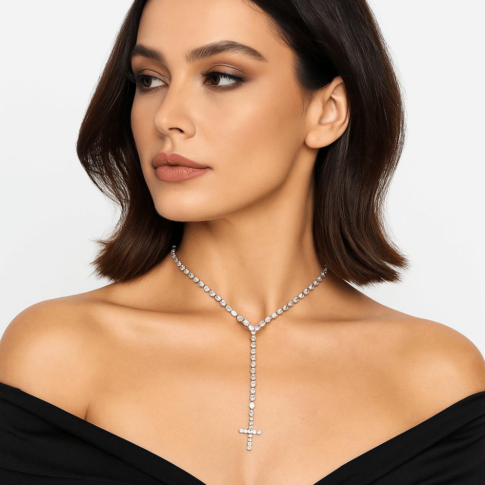 Rhinestones Cross Pendant Necklace Shiny Clavicle Chain  Jewelry Accessories