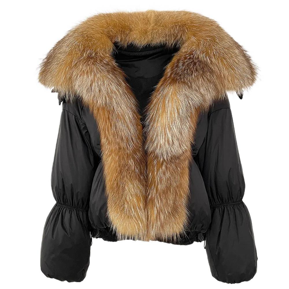 

OFTBUY Зимняя куртка женская большая настоящая лисья меховая енотовая воротник натуральный теплый утиный пух пальто короткая верхняя одежда уличная свободная повседневная одежда M