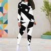 Women Plus Size Black White Printed Round Neck Long Sleeve Top And Fitted Pants Two Piece Set