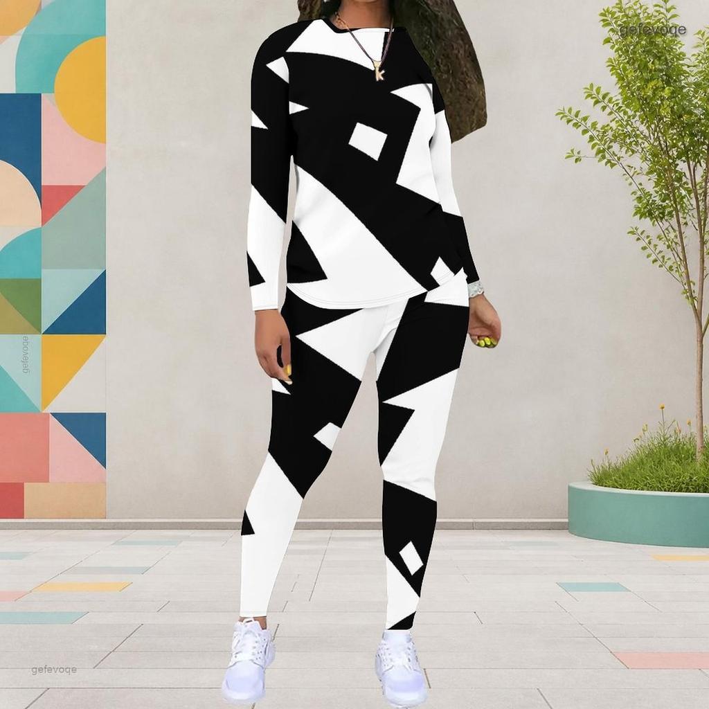 Women Plus Size Black White Printed Round Neck Long Sleeve Top And Fitted Pants Two Piece Set