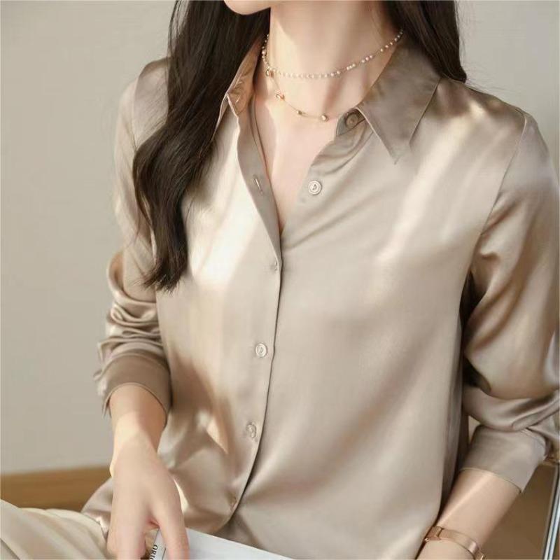 Mote Uformelt kontor Dame satengskjorte Løse lange ermede topper Solid Plus Size Damebluser Elegant Button Up Vintage Enkle Dameskjorter 25678