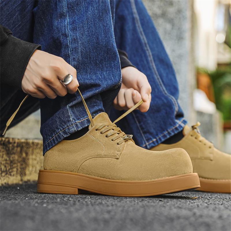Round head leather shoes men's casual heightening big head shoes niche British style platform derby shoes 1066-J