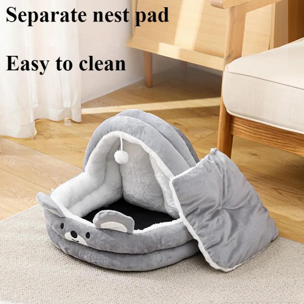 Cat Litter Bed Soft Semi Enclosed Cat Bed and Cozy with Plush Ball Kitten Cave Beds Removable Cute Cartoon Pet Sleep Accessories