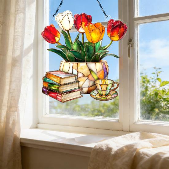 Tulip And Book Sun Catcher Acrylic Flower Suncatcher Window Hanging Decoration for Home Living Room Bedroom Outdoor Decor