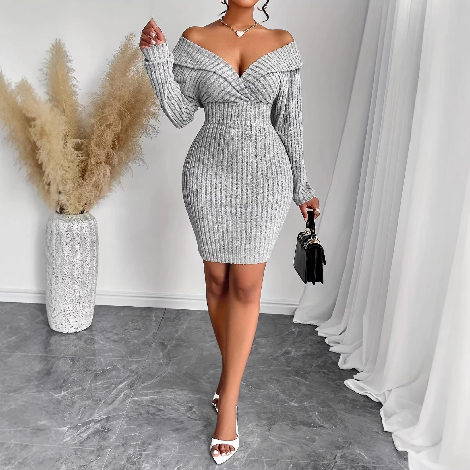 

Women s Stylish Off-the-Shoulder Solid Color Bodycon Dress - European & American Fashion XL светло-серый