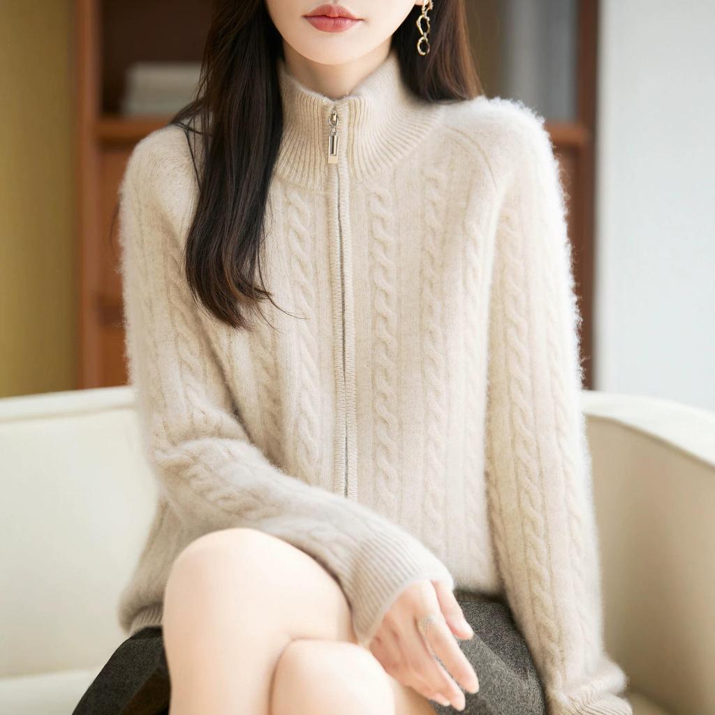 Retro Double Zipper Cable Knit Cardigan – 100% Wool, Seven Gauge, Thickened for Autumn/Winter