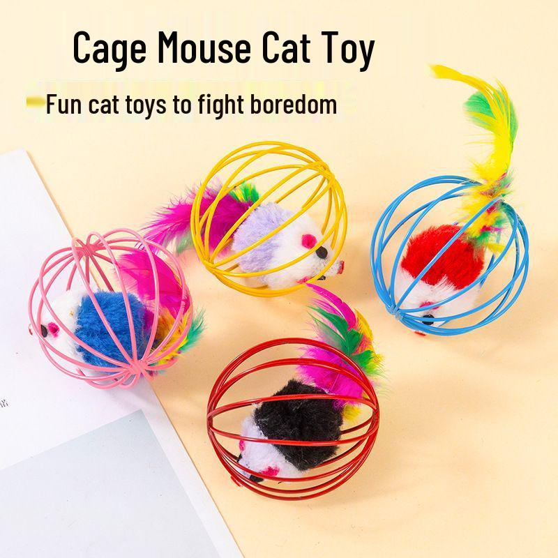 Colorful Feathered Wire Cage Mouse Cat Toy for Self-Entertainment