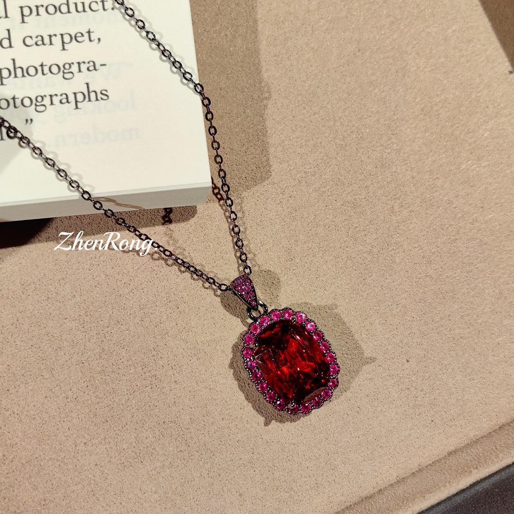 Fashion Women Jewelry Set Diamond Garnet Pendant Necklace Red Gemstone Ring Earrings Simple Elegant Luxury Accessories