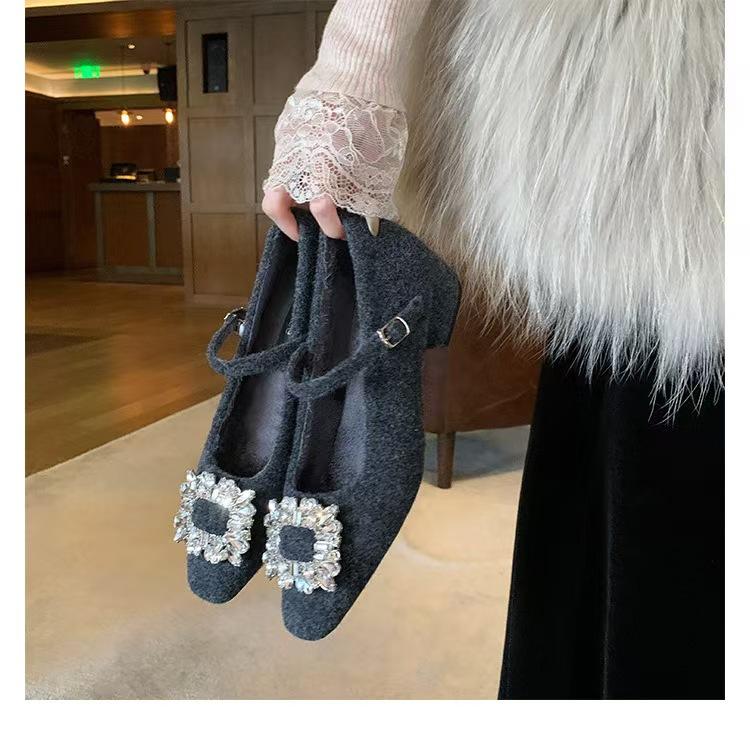 Shoe drill buckle small square head word woolen thick heel Mary Jane single shoes women's spring