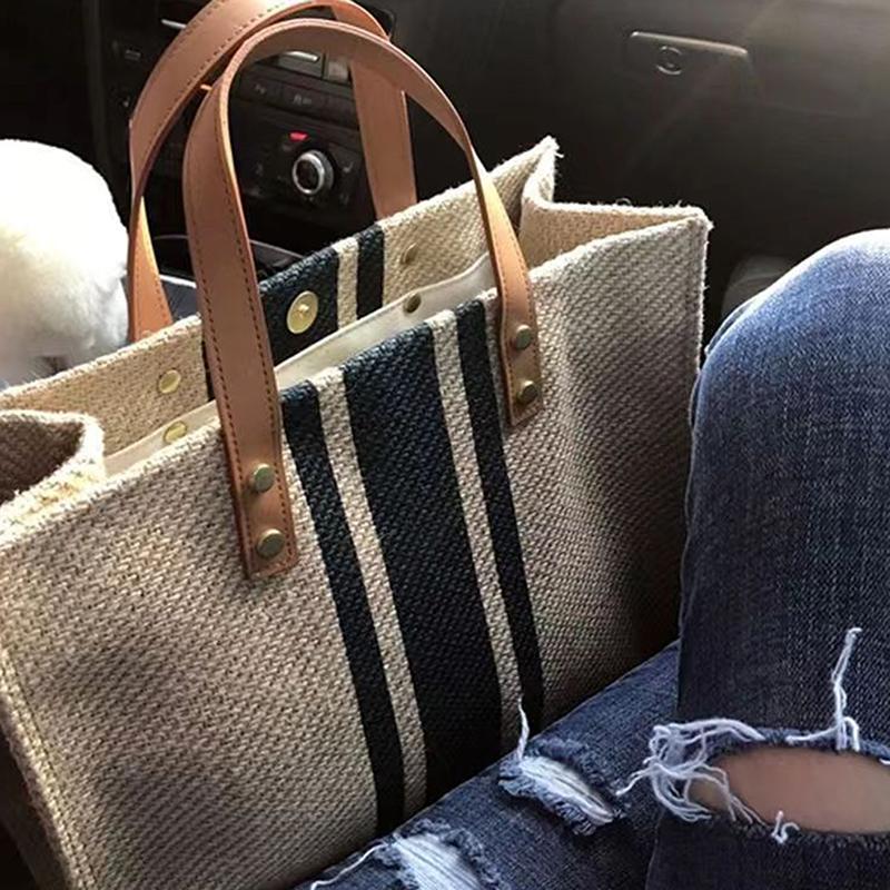 Simple Canvas Stripe Decor Bucket Handbags Women Top Handle Tote Bag Large Capacity Outdoor Mountaineering Bag Christmas Gifts