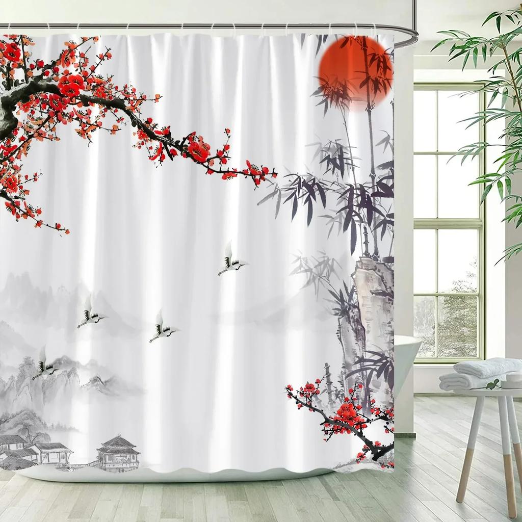 Flower Bird Scenery Shower Curtains Green Bamboo Red Floral Mountain Ink Landscape Bath Curtain Fabric Bathroom Decor with Hooks