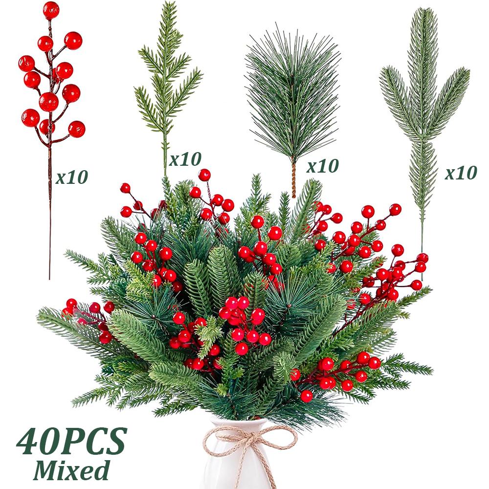 40Pcs Artificial Pine Needles Branches Greenery Faux Red Berry Picks Fake Flowers for DIY Wreath Xmas Embellishing Decorations