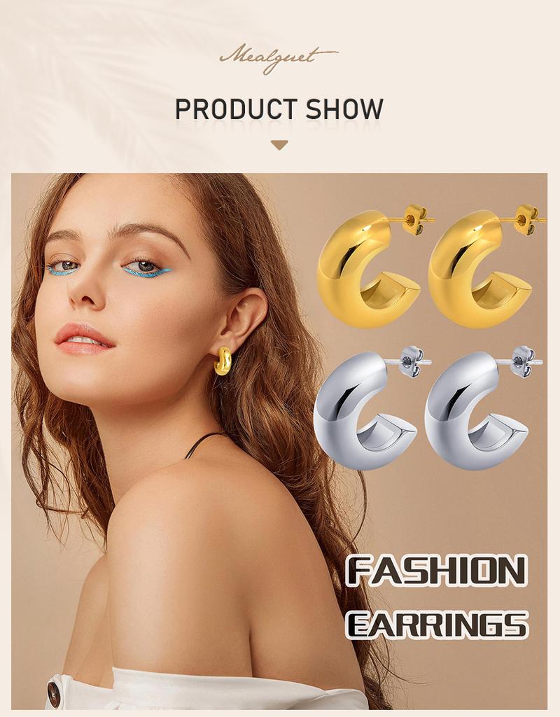 Thick Hoop Earring for Women, Chunky C-Shape Earrings Stainless Steel Open Hoops